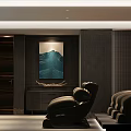 Home Theater Room Interior With Large Screen Movie Projection Comfortable Chairs And Small Table