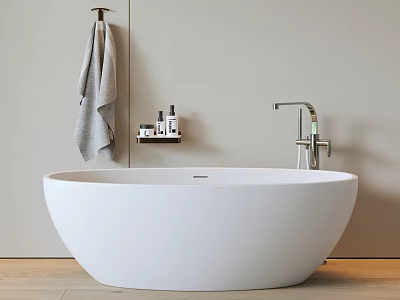 White Bathtub in Modern Bathroom with Gray Towel Wall Shelf with Toiletries and Faucet 3d model