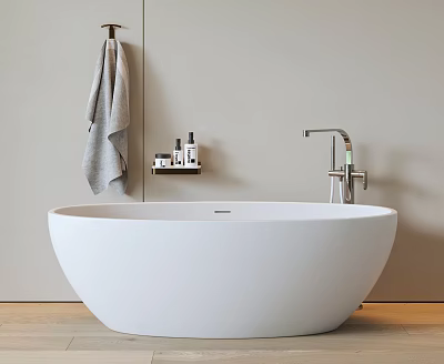 White Bathtub in Modern Bathroom with Gray Towel Wall Shelf with Toiletries and Faucet 3d model