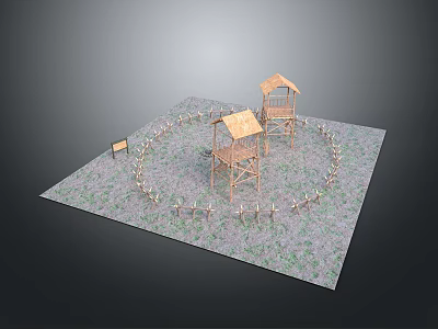 Small Wooden Pavilions With Circular Fence On Grass Ground And Signboard 3d model