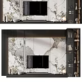 Modern TV Background Wall Design With Marble Texture Decorative Shelves And Warm Lighting 3d model