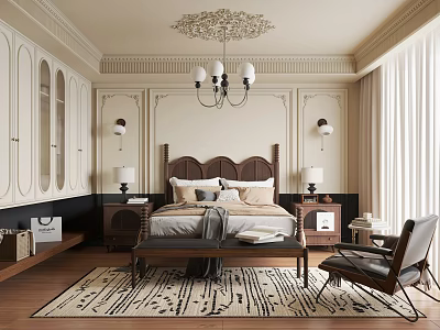 Elegant Classic Bedroom Interior Design With Chandelier Bed Nightstands Patterned Rug And Leather Armchair 3d model