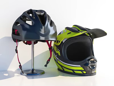 Two Sports Safety Helmets Black With Vents And Yellow Striped Design 3d model