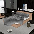 Modern Double Bed With Dark Bedding Floor Lamp And City View Decor