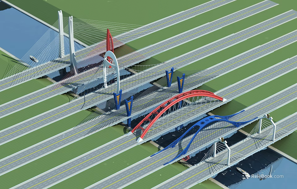 Multiple Cable Stayed Bridges With Red Blue Arches Over Water And Roadways 3d model