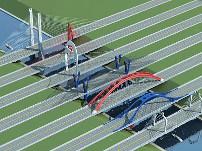 Multiple Cable Stayed Bridges With Red Blue Arches Over Water And Roadways 3d model