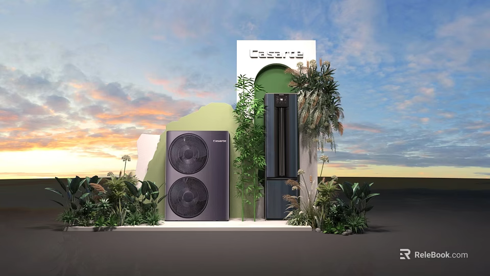 Outdoor Scene With Black Circular Devices Tall Appliance Green Plants And Sunset Sky 3d model 