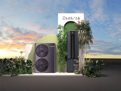 Outdoor Scene With Black Circular Devices Tall Appliance Green Plants And Sunset Sky 3d model
