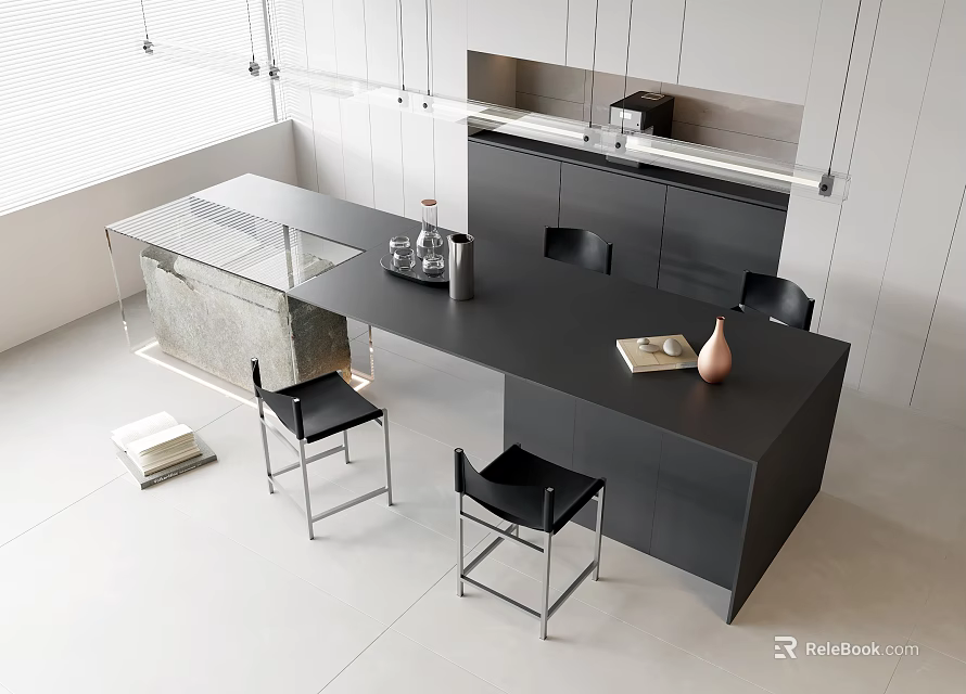 Modern Black Dining Table With Sleek Design And Black Chairs In Minimalist Interior 3d model 