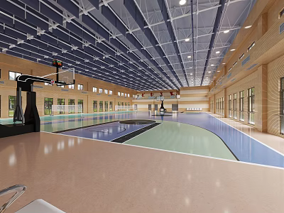 Spacious Indoor Basketball Gym With Wooden Flooring Hoop And Ceiling Lights 3d model