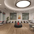 Modern Service Hall Interior Design With Service Desks Digital Display And Green Plants