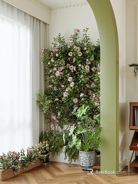 Stylish Stool in Room with Green Wall Pink Flowers Green Plants White Curtains and Bookshelf 3d model 
