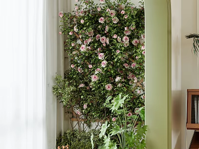 Stylish Stool in Room with Green Wall Pink Flowers Green Plants White Curtains and Bookshelf 3d model