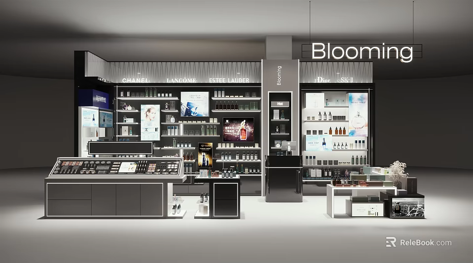 Blooming Store Modern Interior With Display Shelves Glass Cabinets And Organized Product Displays 3d model 