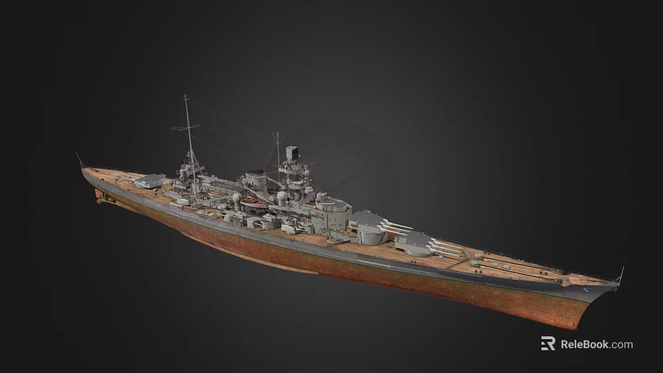 Detailed Historical Warship Battleship 3D Model With Wooden Deck Gray Superstructure And Turrets 3d model 