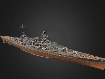 Detailed Historical Warship Battleship 3D Model With Wooden Deck Gray Superstructure And Turrets 3d model