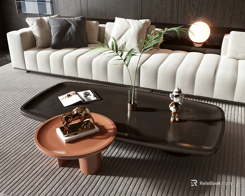 Black Coffee Table With Green Plant Decorative Figurine Books And Terracotta Side Table By Sofa 3d model 