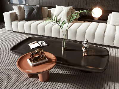 Black Coffee Table With Green Plant Decorative Figurine Books And Terracotta Side Table By Sofa 3d model