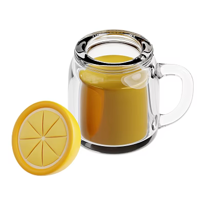 Refreshing Yellow Drink in Transparent Glass Mug with Lemon Shaped Lid 3d model