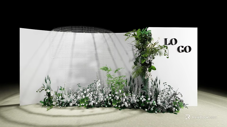 Floral Decorative Backdrop With White Flowers Green Plants And Logo 3d model 