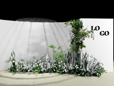 Floral Decorative Backdrop With White Flowers Green Plants And Logo 3d model