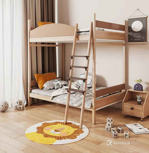 Wooden Bunk Bed In Kids Room With Ladder Mattress Side Cabinet Toys And Rug 3d model 