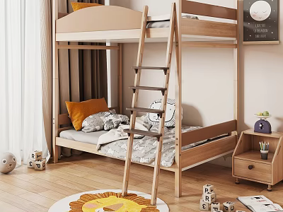 Wooden Bunk Bed In Kids Room With Ladder Mattress Side Cabinet Toys And Rug 3d model