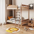 Wooden Bunk Bed In Kids Room With Ladder Mattress Side Cabinet Toys And Rug