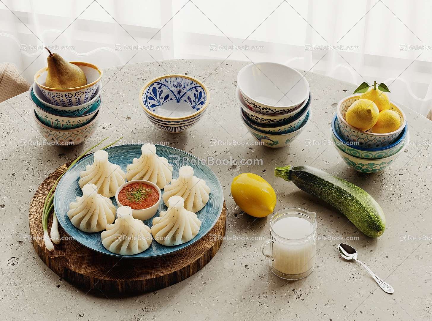 Dumpling bowl lemon cucumber milk spoon cup pear 3d model