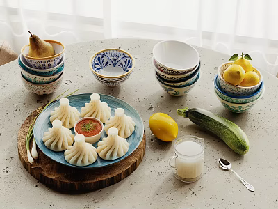 Steamed Dumplings Served With Sauce And Fresh Produce Around Colorful Bowls 3d model