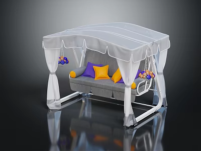 Cozy Swing Chair With White Canopy Curtains Gray Cushions Purple Yellow Pillows And Decorative Flowers 3d model