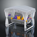 Cozy Swing Chair With White Canopy Curtains Gray Cushions Purple Yellow Pillows And Decorative Flowers
