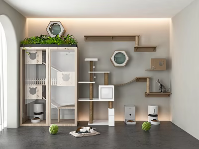 Modern Cat Furniture Setup With Hexagonal Shelves Green Plants Cat Tree And Scratching Posts 3d model