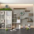 Modern Cat Furniture Setup With Hexagonal Shelves Green Plants Cat Tree And Scratching Posts