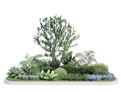 Lush Green Arbor with Ferns Bushes and Blue Flowers in Circular Garden Arrangement 3d model