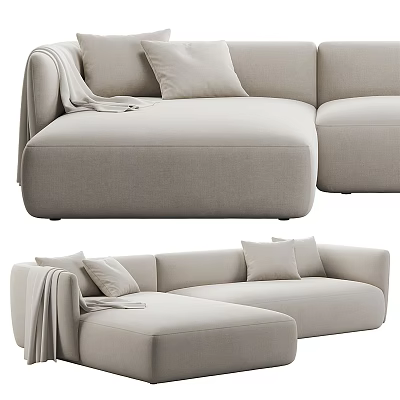 Beige Sectional Sofa with Plush Cushions and Throw Blanket Modern Living Room Furniture 3d model