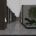 Elegant Front Desk Reception Area With Marble Counter Hanging Lights Wooden Shelves And Green Plant
