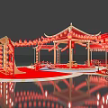 Red Chinese Art Installation With Pavilion Lanterns Happy New Year Decorations Circular Platform And Steps