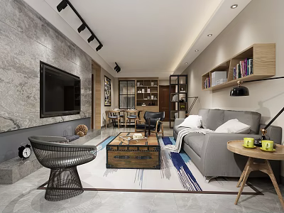 Modern Living Room Interior With Gray Sofa Wooden Bookshelves Stone TV Wall And Coffee Table 3d model