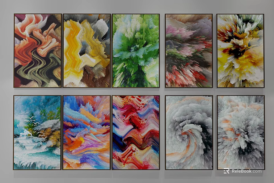 Colorful Abstract Paintings Collection With Swirls Waves And Vibrant Color Patterns 3d model 