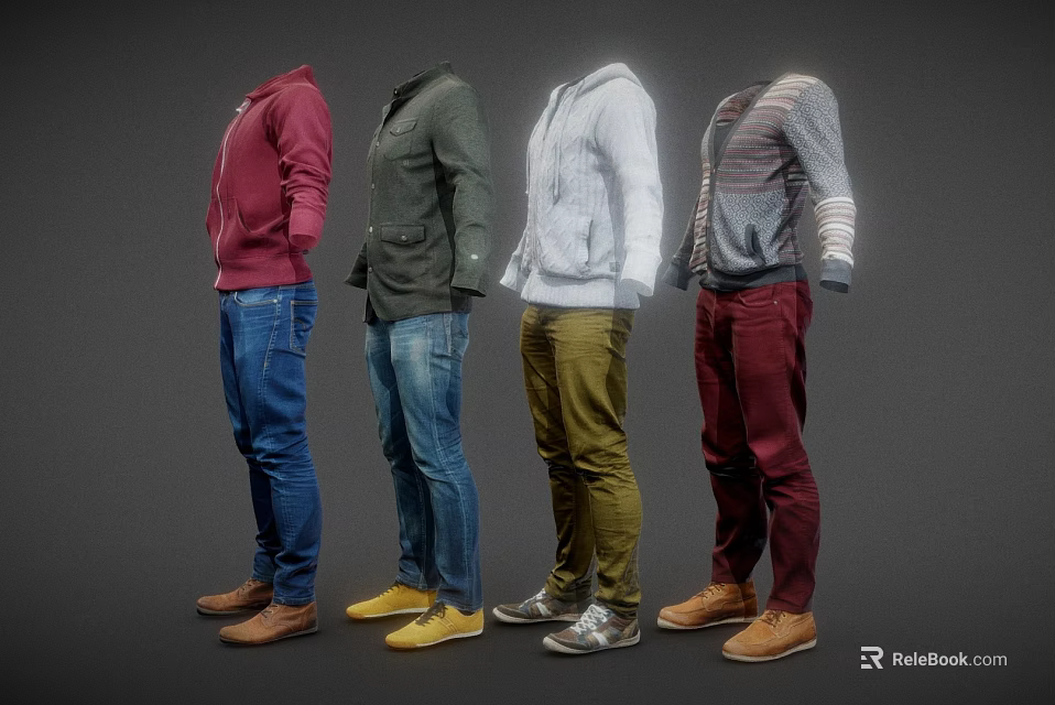 Men's Casual Clothing Outfits with Hoodie Jacket Sweater Striped Sweater Colorful Pants and Shoes 3d model 