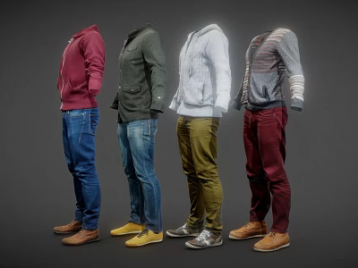 Men's Casual Clothing Outfits with Hoodie Jacket Sweater Striped Sweater Colorful Pants and Shoes 3d model