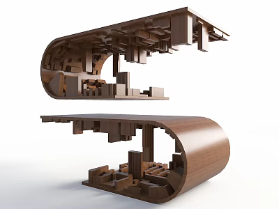 Wooden Curved Sculptural Structure Composed Of Stacked Wooden Blocks With Geometric Interior 3d model