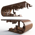 Wooden Curved Sculptural Structure Composed Of Stacked Wooden Blocks With Geometric Interior