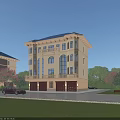 Detached Villa With Yellow Exterior Large Windows Balconies Green Trees And Open Area