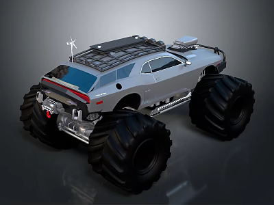 Silver Modified Monster Truck With Large Tires And Roof Rack Equipment 3d model