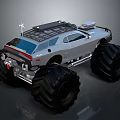 Silver Modified Monster Truck With Large Tires And Roof Rack Equipment