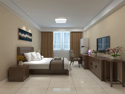 Modern Hotel Guest Room Featuring Comfortable Bed Decorative Painting Work Desk And Window Curtains 3d model