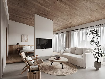 Hotel Guest Room Interior With Wooden Ceiling White Sofa Round Rug And Green Plant 3d model