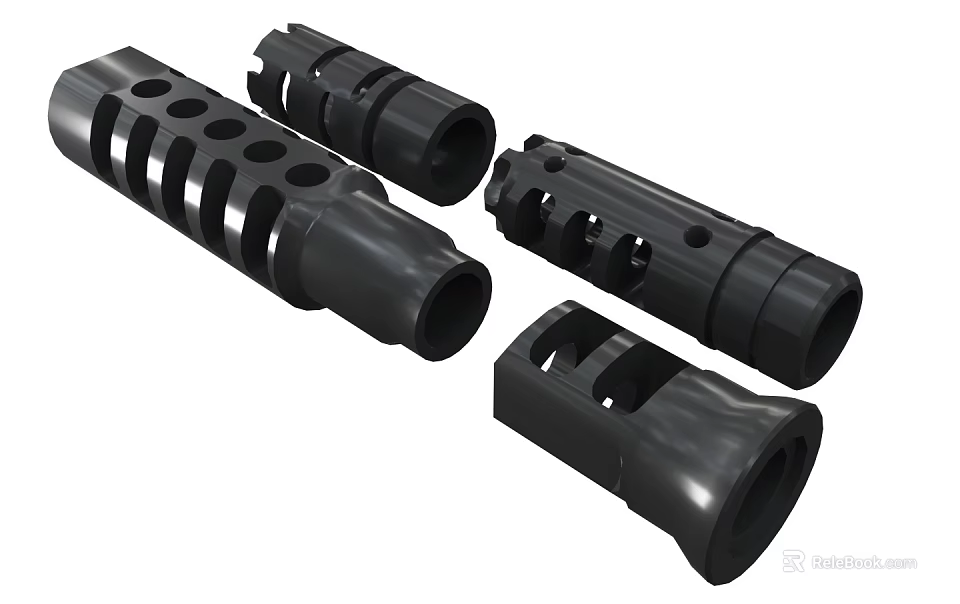 A Set Of Different Black Weapon Components Displayed On White 3d model 